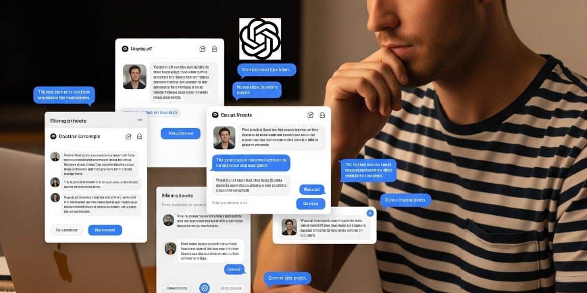Un homme vêtu d'une chemise rayée est assis à un bureau et consulte des fenêtres de chatbot en espagnol, le logo d'OpenAI mettant en évidence la visibilité des marques dans les IA.