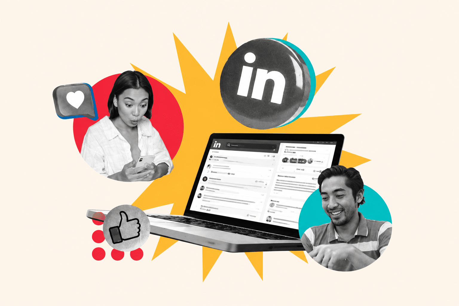 Un ordinateur portable affichant le fil d'actualité LinkedIn dans le cadre d'un audit des réseaux sociaux, entouré du logo LinkedIn, d'icônes et de deux personnes utilisant des appareils numériques.