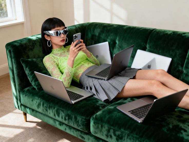 Une personne portant des lunettes de soleil futuristes et un haut vert fluo est assise sur un canapé en velours, entourée d'ordinateurs portables ouverts, et gère une campagne de marketing d'influence depuis son smartphone.